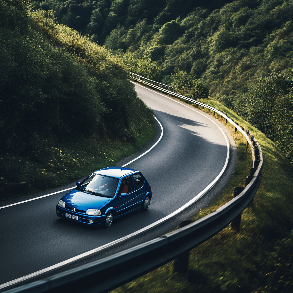 classic blue Peugeot 106 drifting on winding road