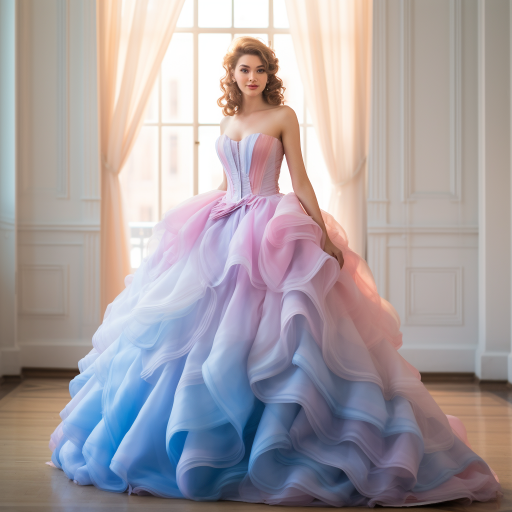 Beautiful blue and pink gown in organza princess style