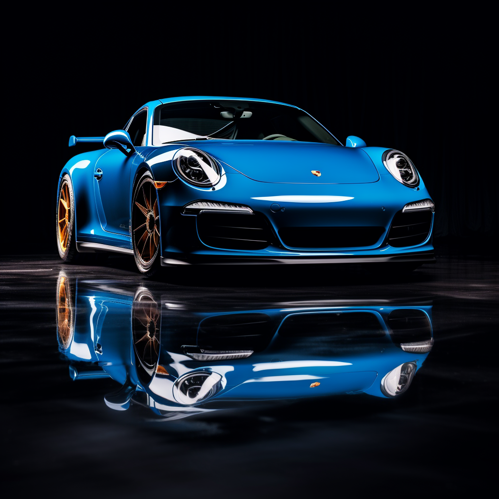 Blue Porsche reflecting on black background