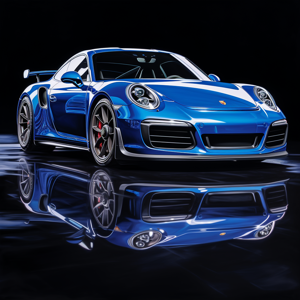 Blue Porsche with Reflection on Black Background