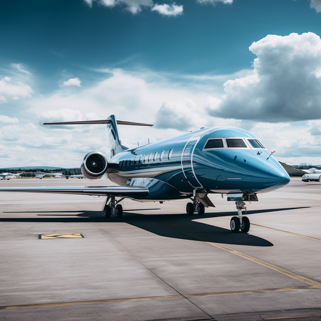 Blue private jet parked on luxury airport tarmac