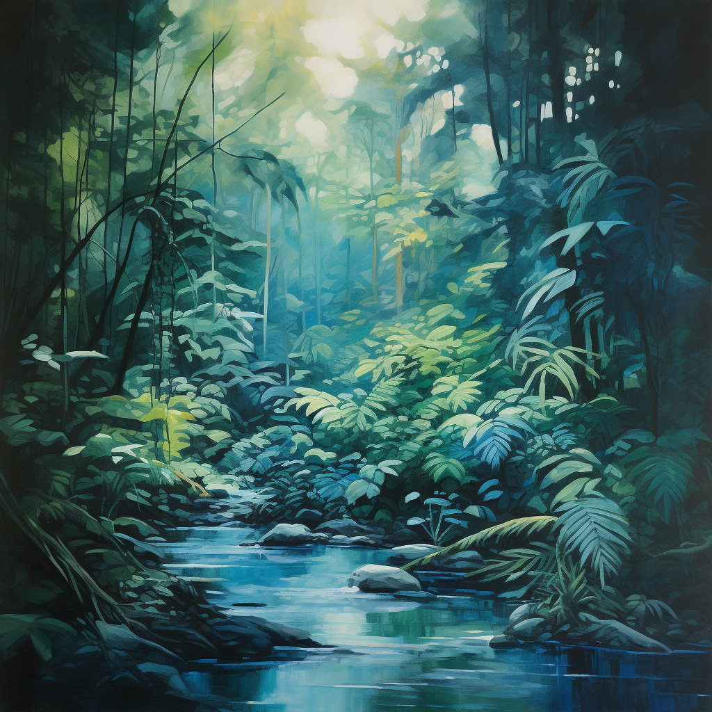 Oil painting of a blue rainforest