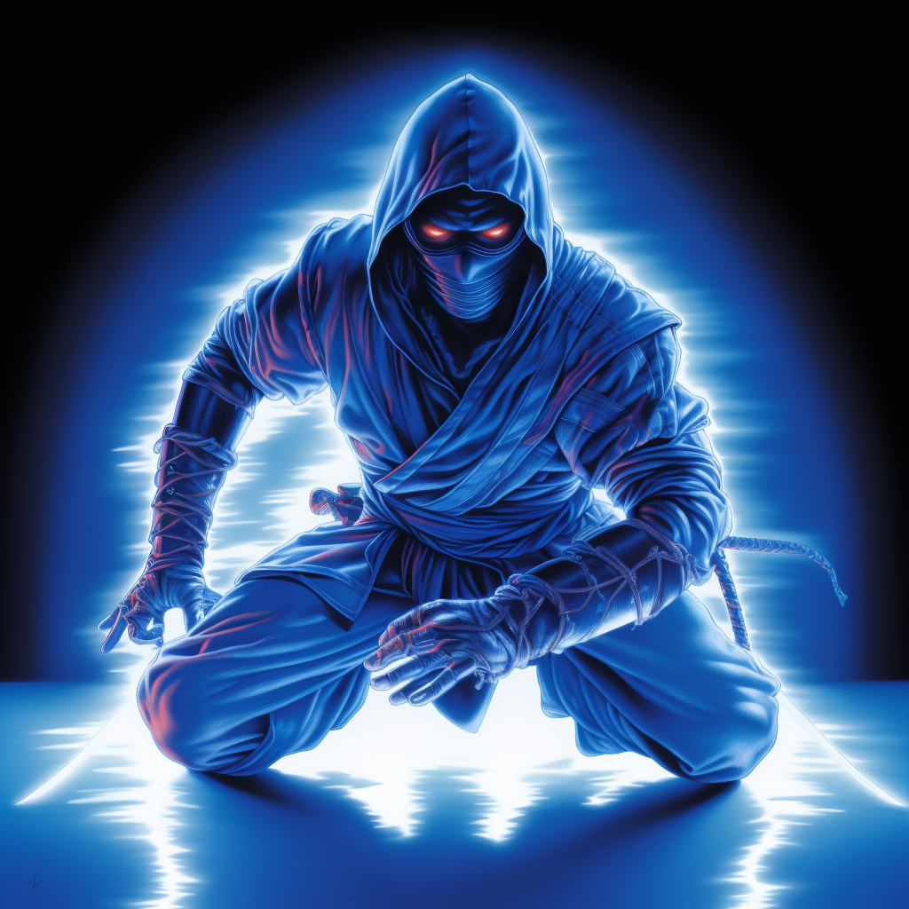 Energetic blue reflective ninja on white background