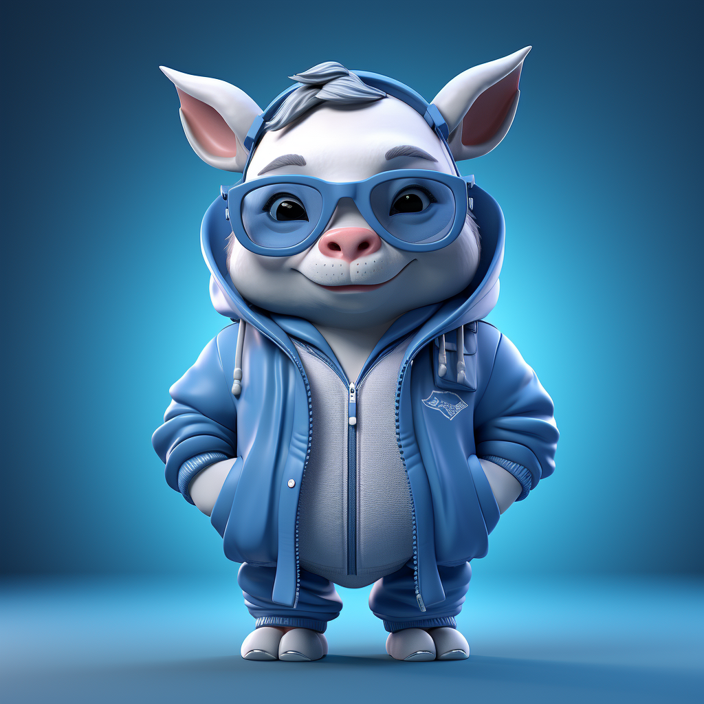 Cute blue rhino student wearing glasses and being athletic