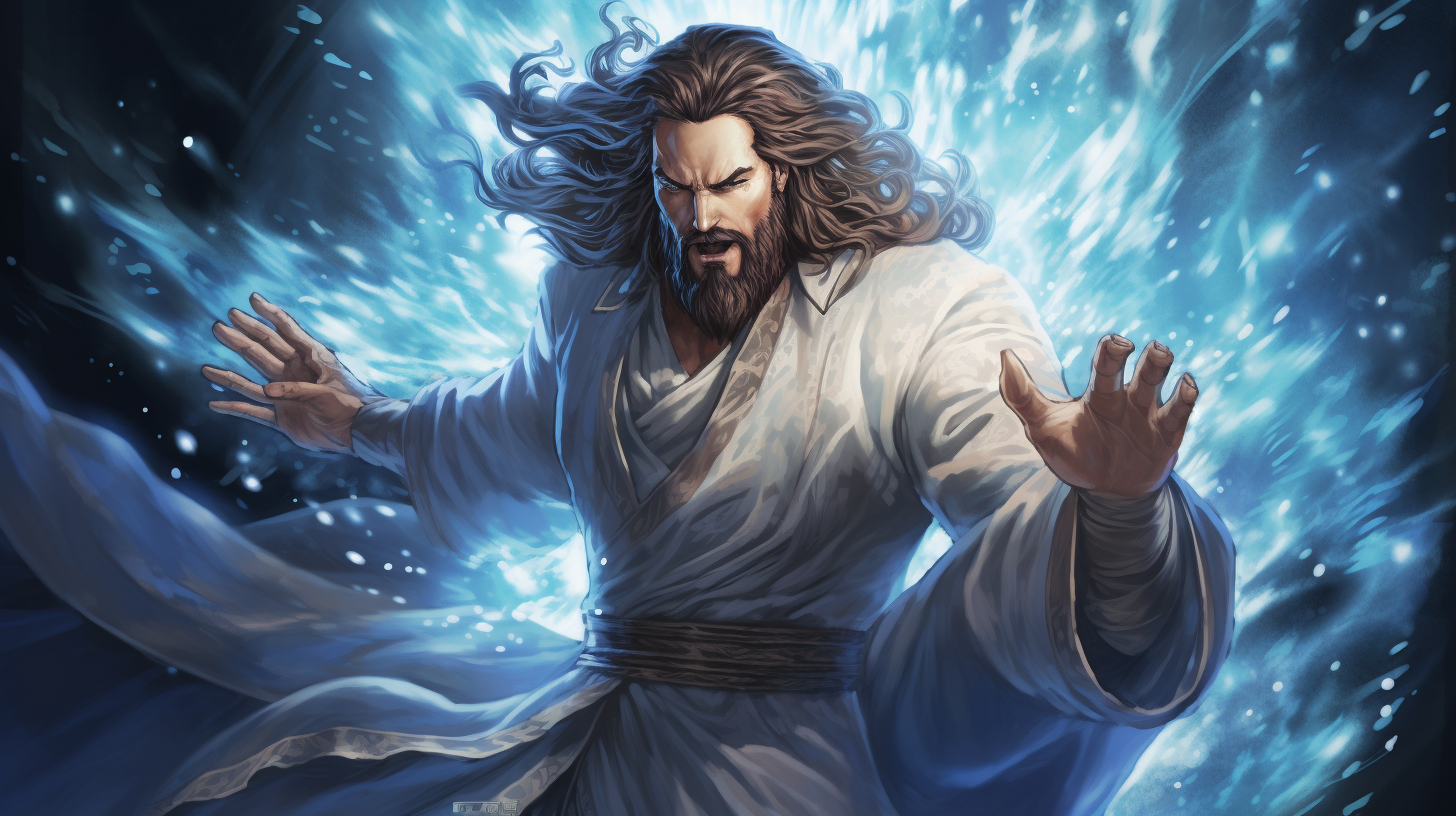 Strong male water bender in blue robes