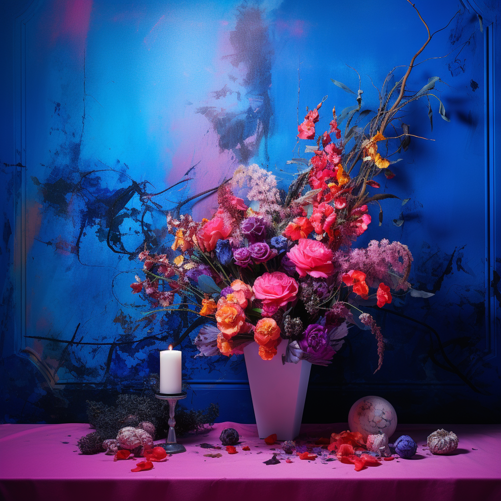 Colorful flower vase in blue room