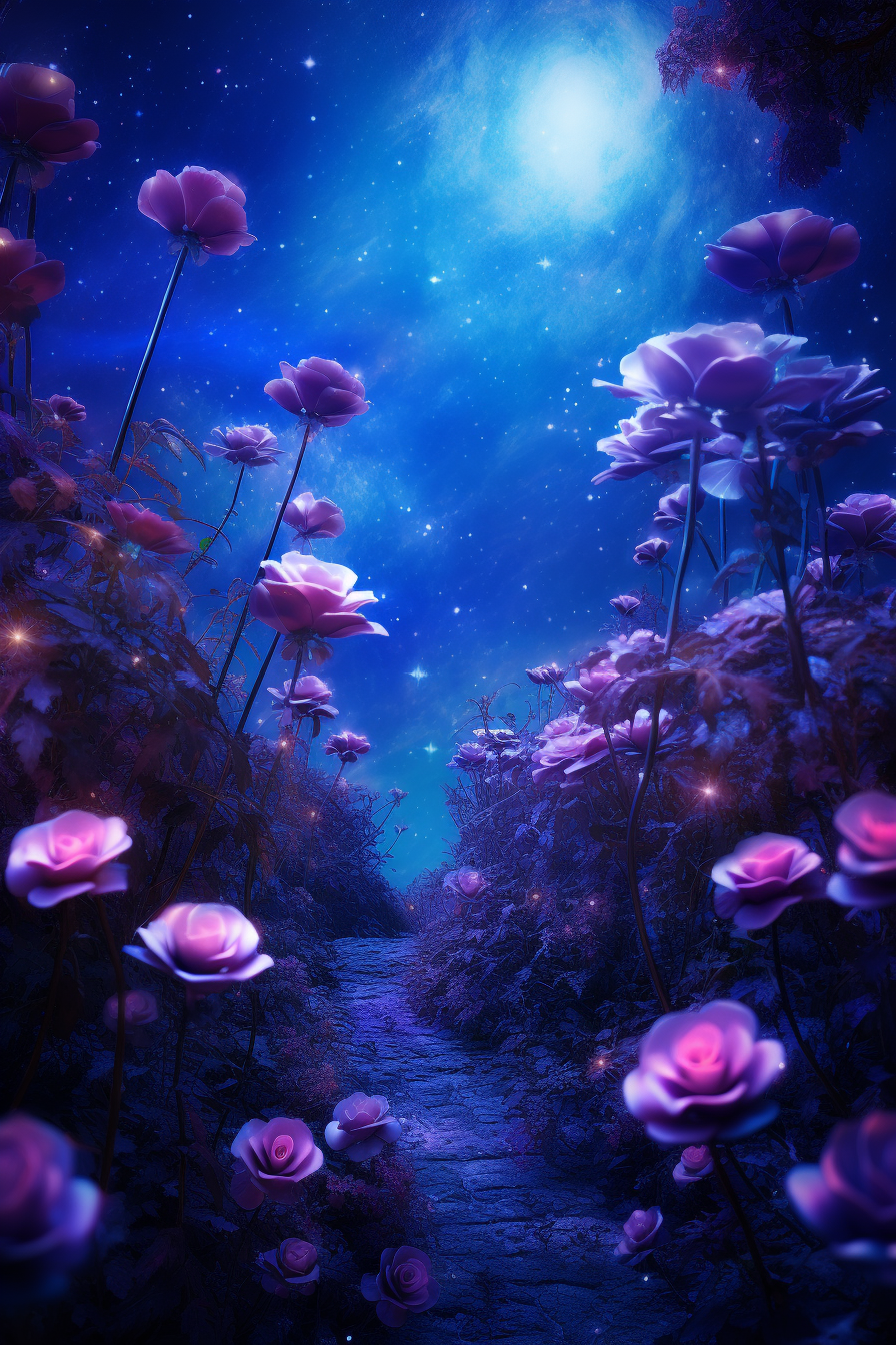 Beautiful blue rose garden under the starry sky