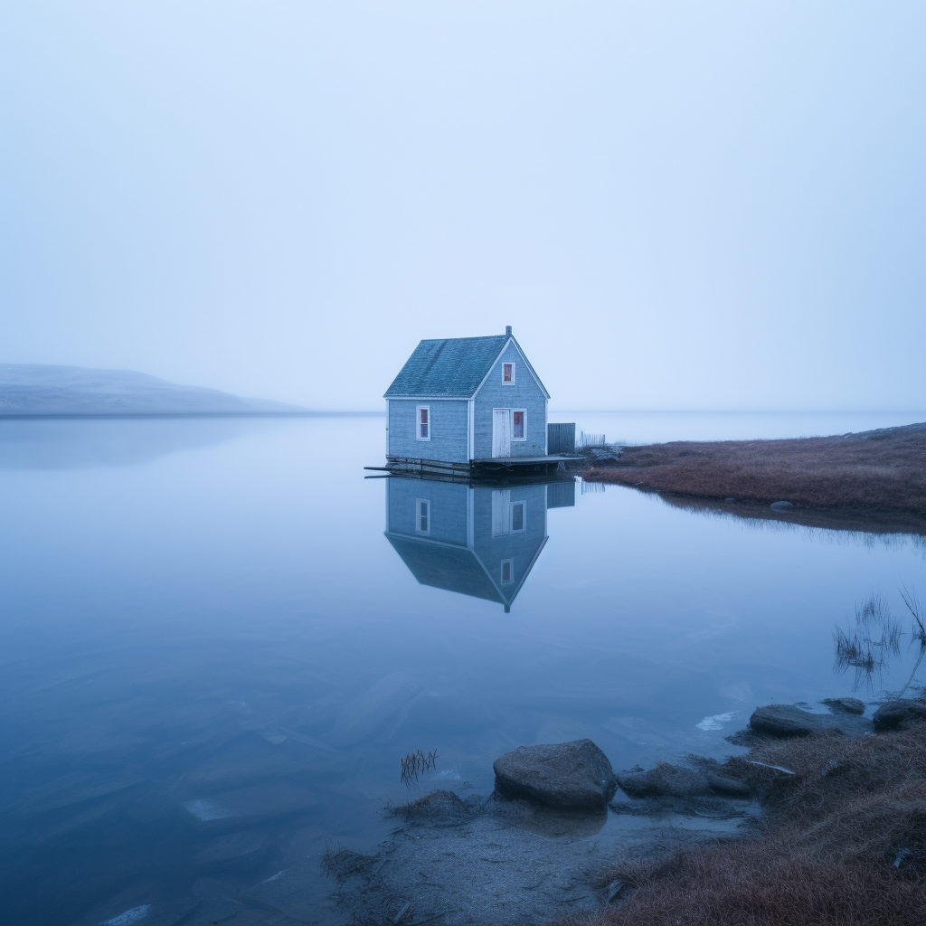 Stark blue salt box house by a calm lake