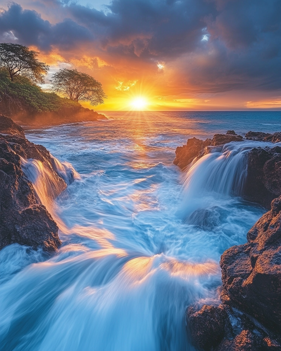 Beautiful Blue Sea Waterfall Sunset