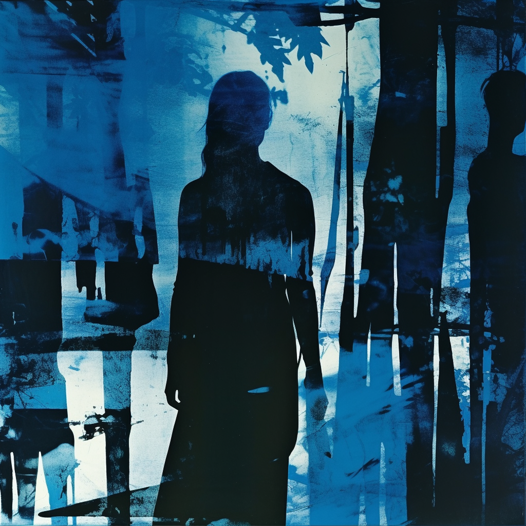 Abstract human silhouettes in blue shadows