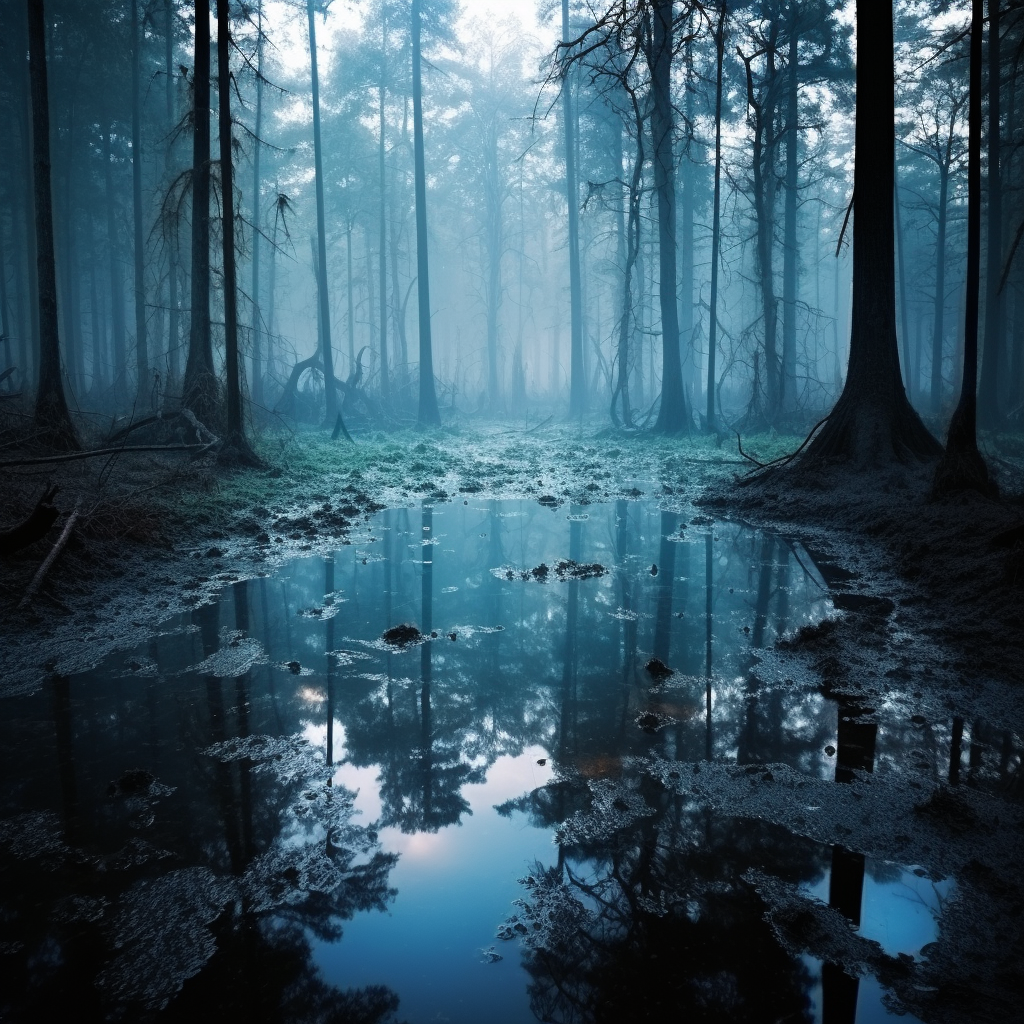 Enchanting blue ponds in a magical foggy atmosphere