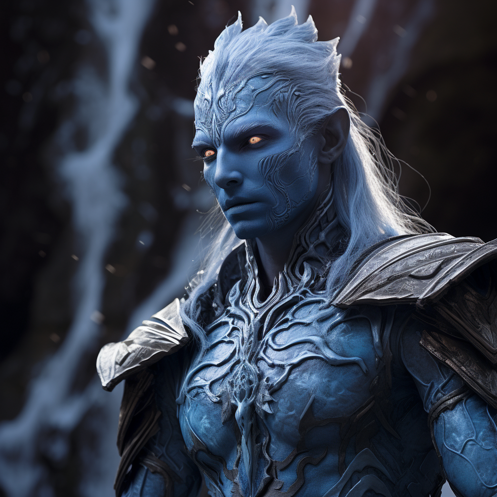 Powerful elven king with blue skin in warrior attire