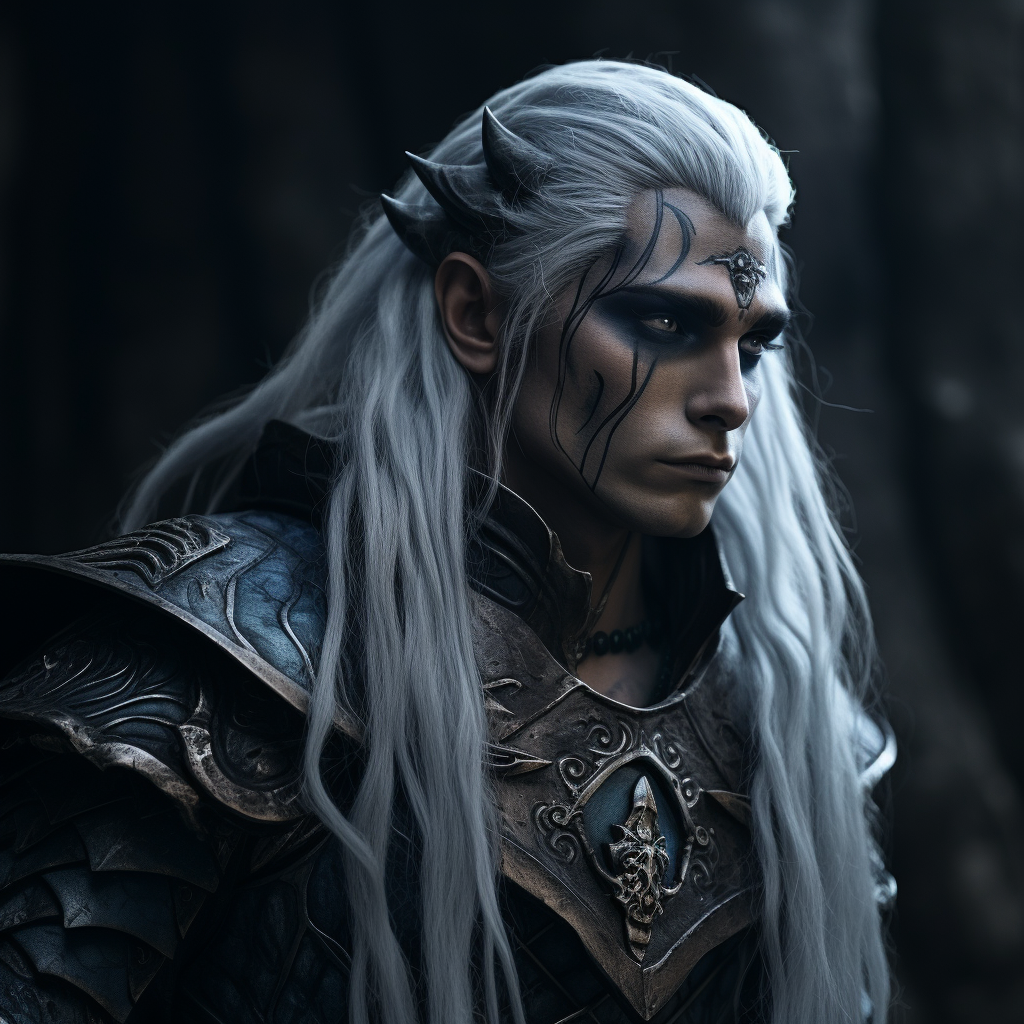 Smiling dark elf with blue skin and long white hair