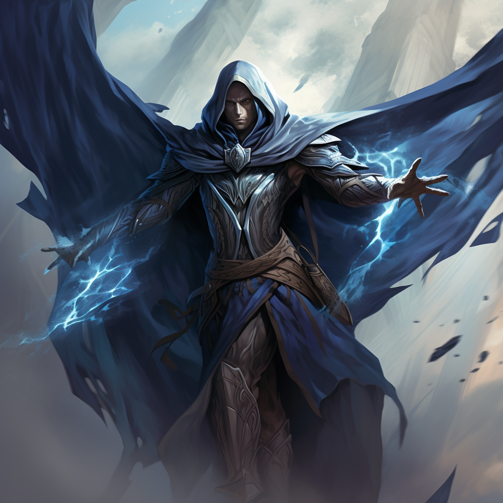 Blue-skinned drow sorcerer with magic cloak and wings