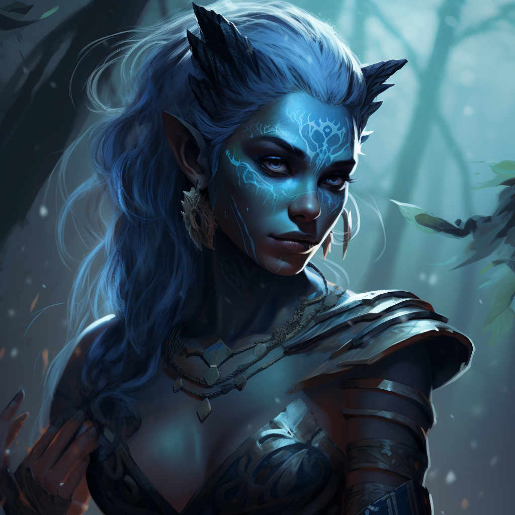 Beautiful Blue-Skinned Female Dark Elf Druid