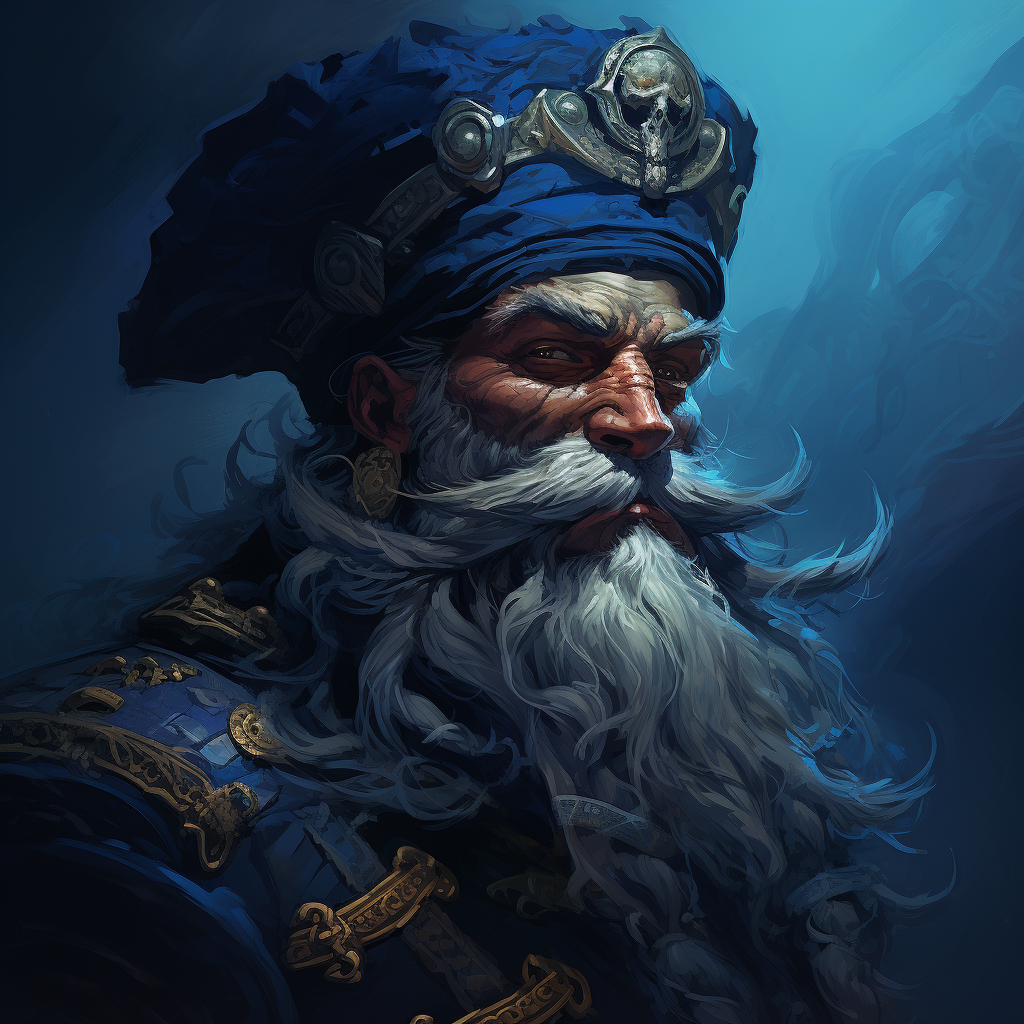 Blue-skinned gnome with black beard and spell book