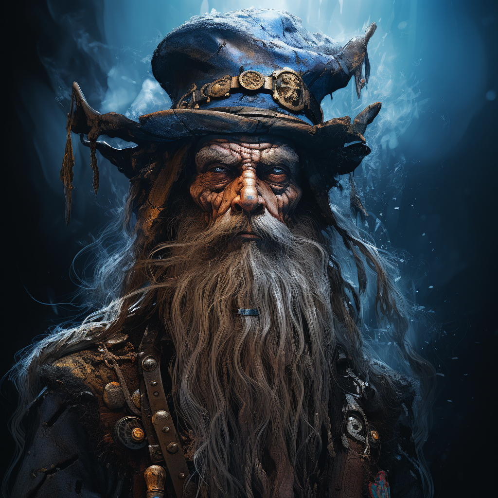 Blue-skinned gnome in pirate costume with spell book