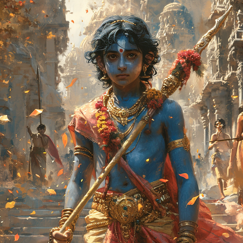 Handsome blue-skinned Hindu Prince Rama climbing stairs