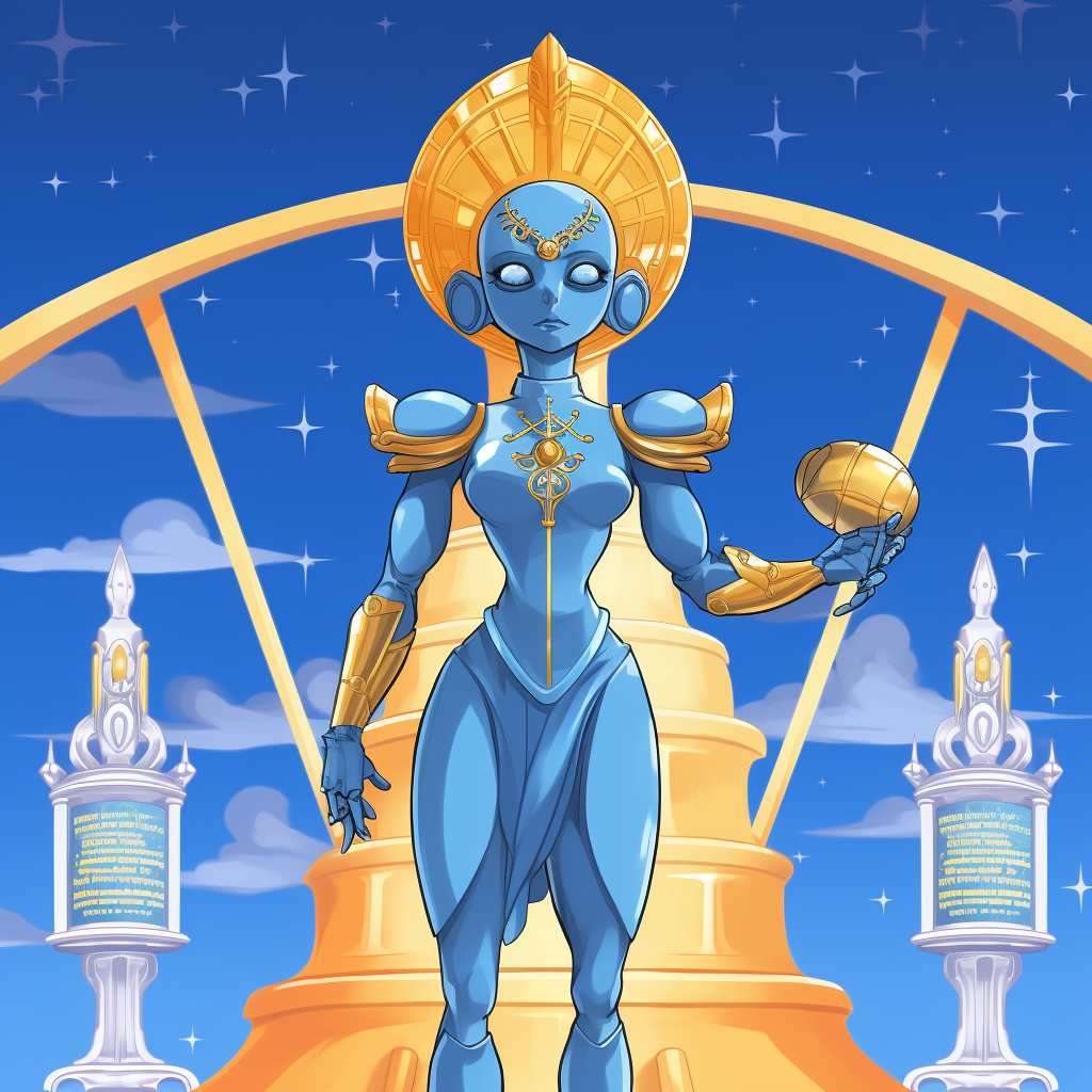 Blue-skinned humanoid alien victorious in anime style.