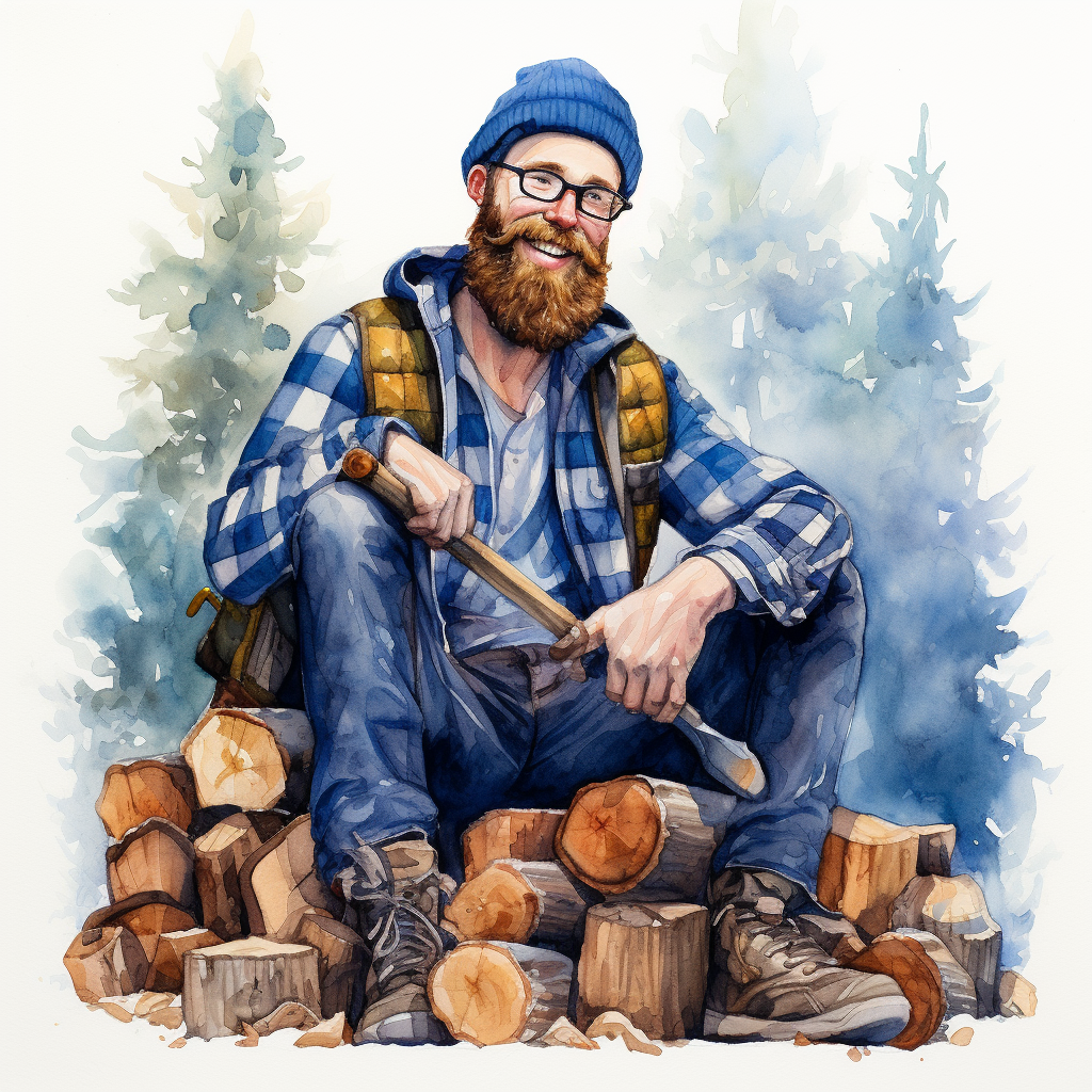 Watercolor depiction of a unique blue-skinned lumberjack