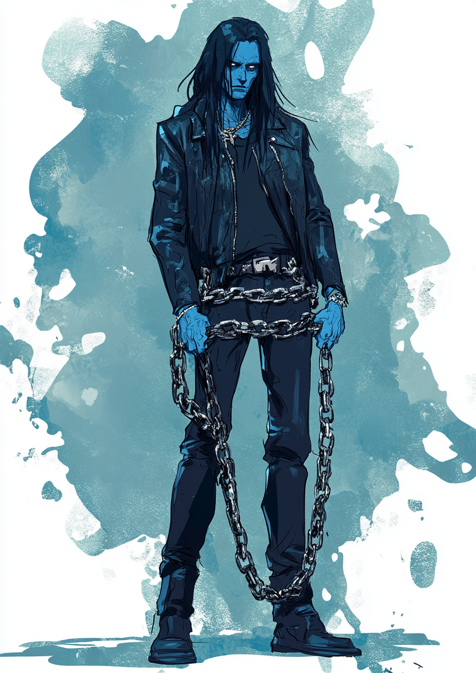 Blue-skinned man in leather jacket sketch