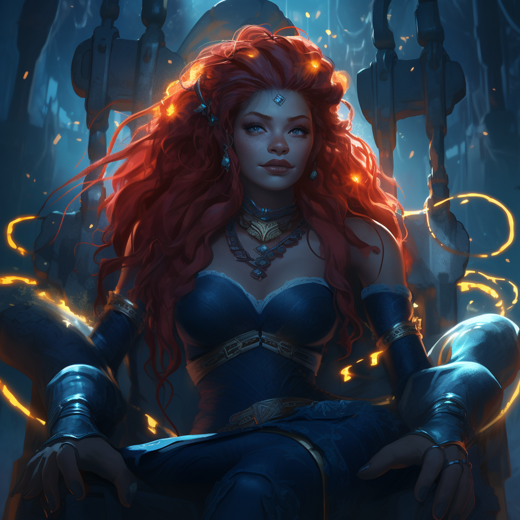 Blue-skinned orc girl on throne