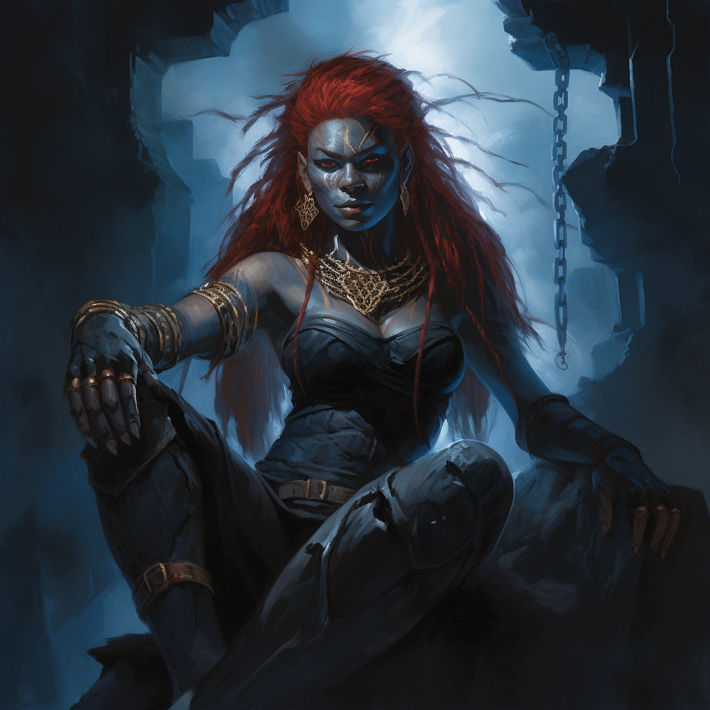 Dark blue-skinned orc warrior girl with lightning