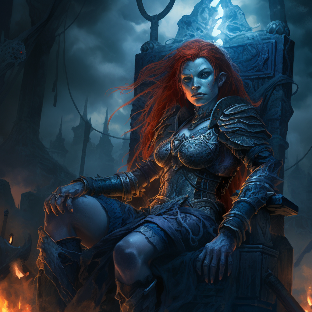 Blue-skinned orc warrior girl on obsidian throne with lightning