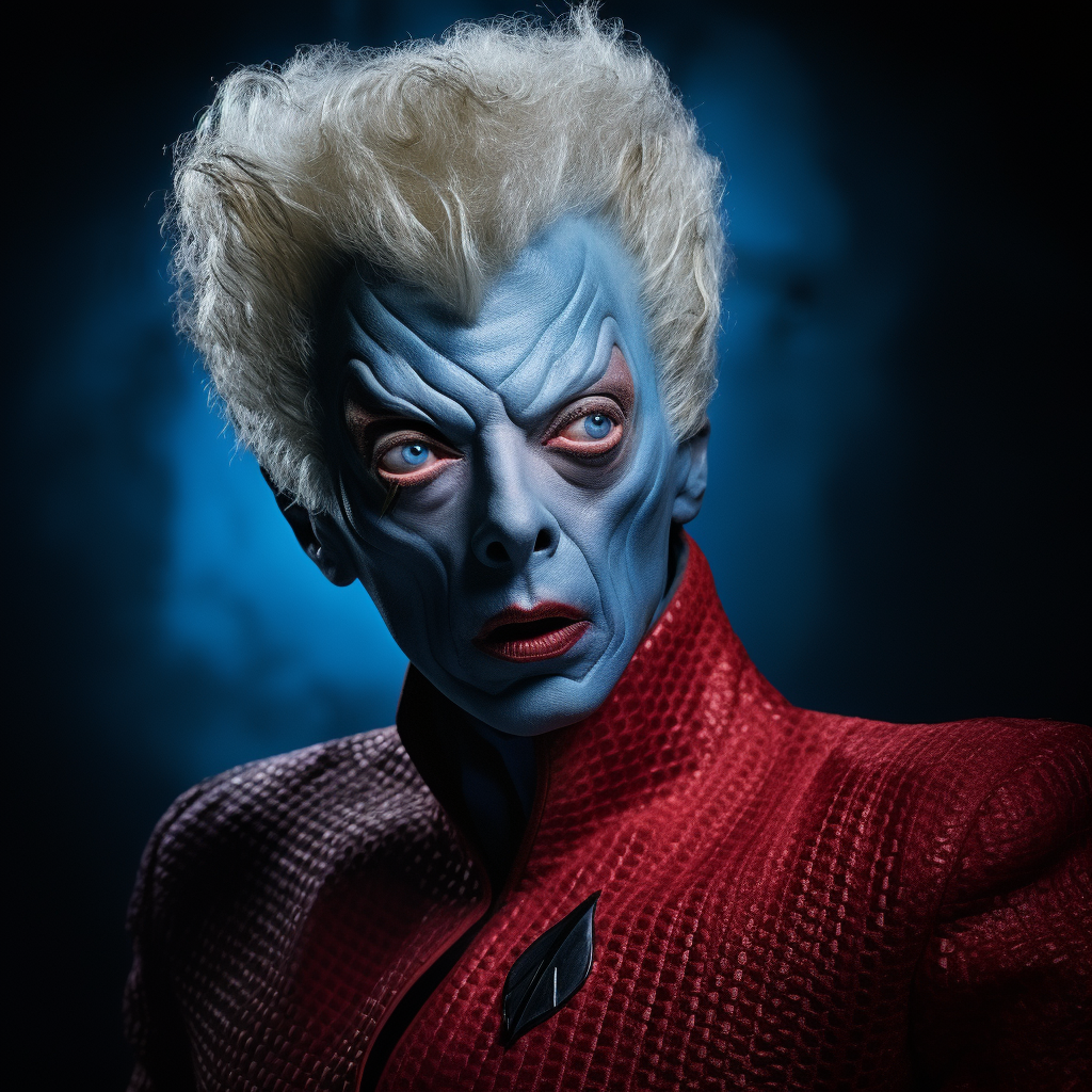 Blue-skinned Star Trek Tim Curry in Red Uniform