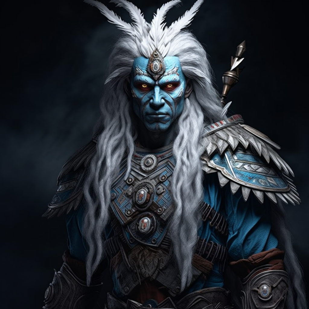 Blue-skinned warrior in Indian clothes with white hair