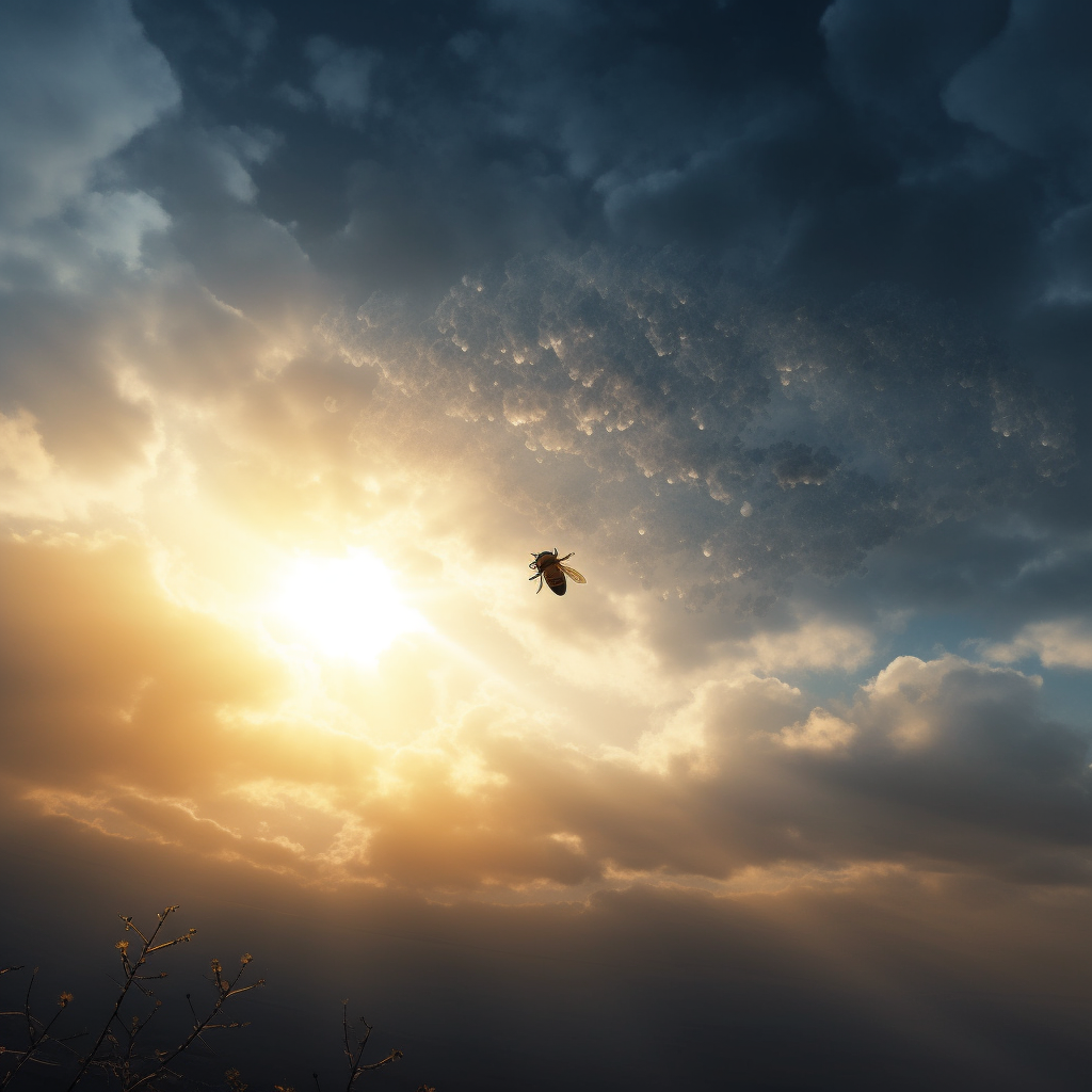 Blue sky with clouds and sunlight breaking through, featuring a bee