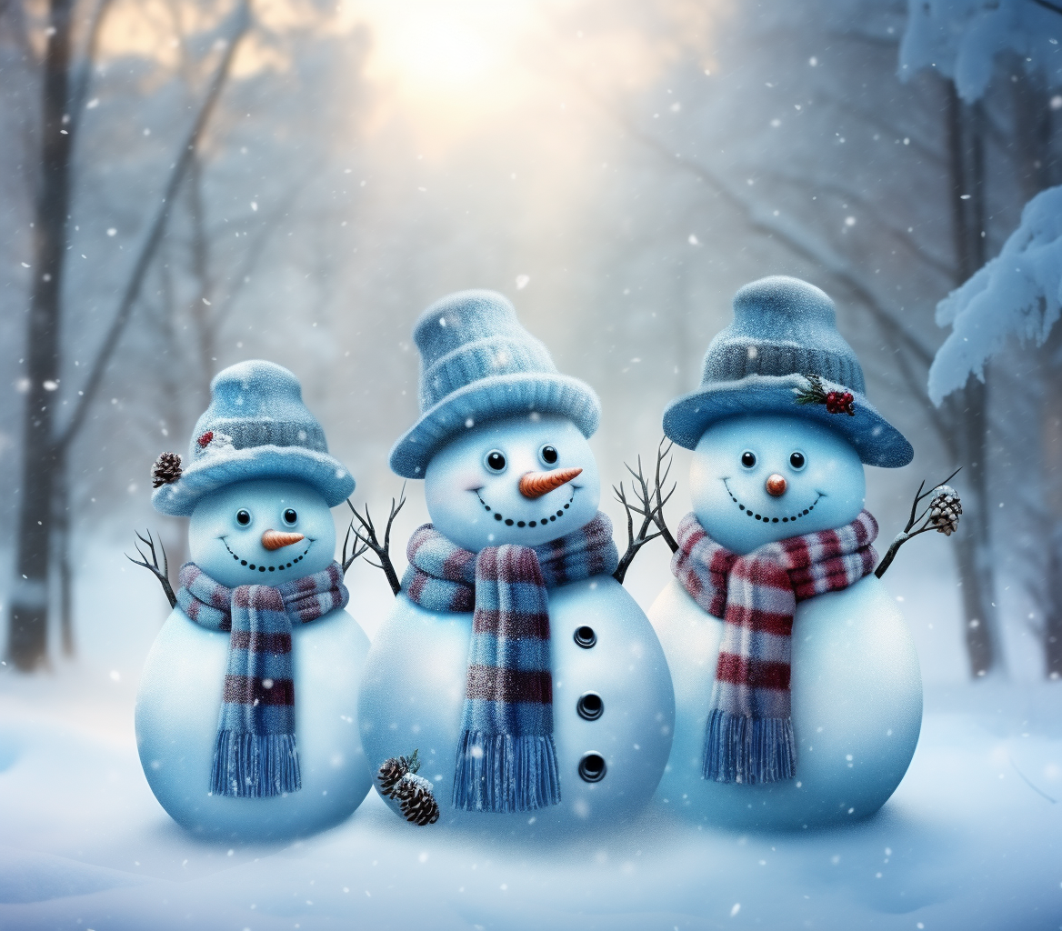 Three Blue Snowmen in a Mesmerizing Scene