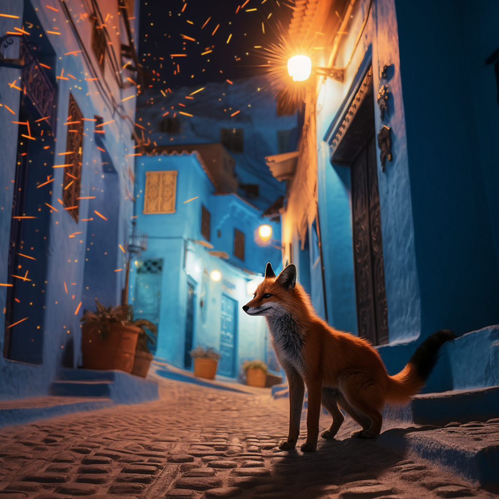 Hyperrealistic fox in blue streets of Chefchaouen