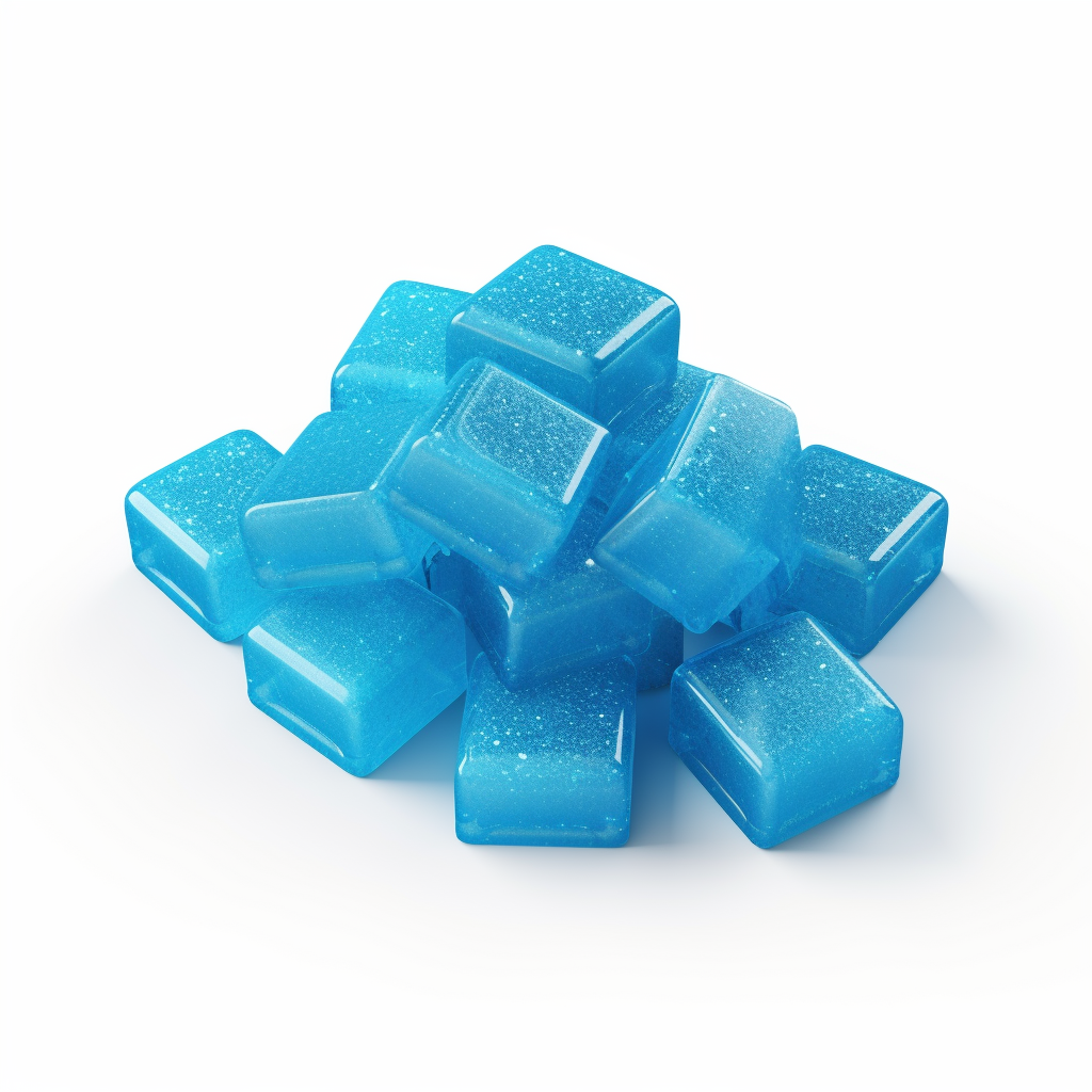 Blue candy gummies floating on white