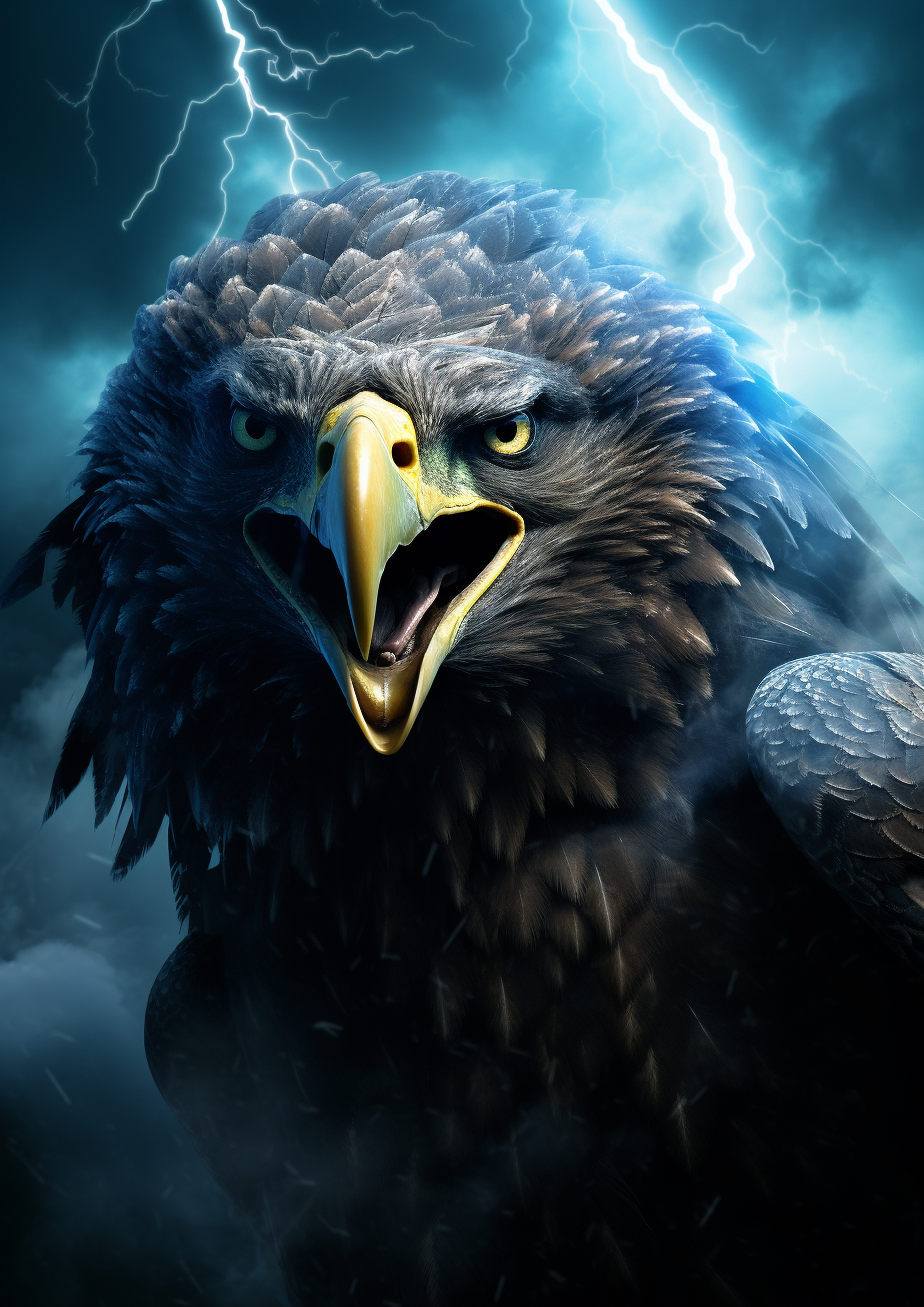 Majestic blue thunder eagle in stormy sky