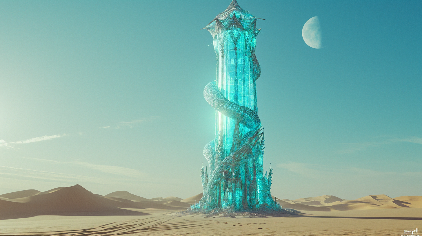 Blue tower with snake creature