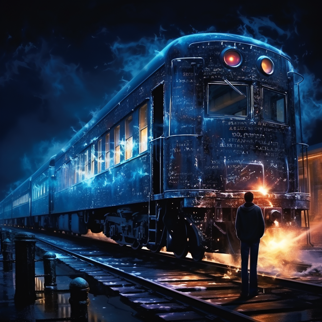 Blue train lighting up with typography