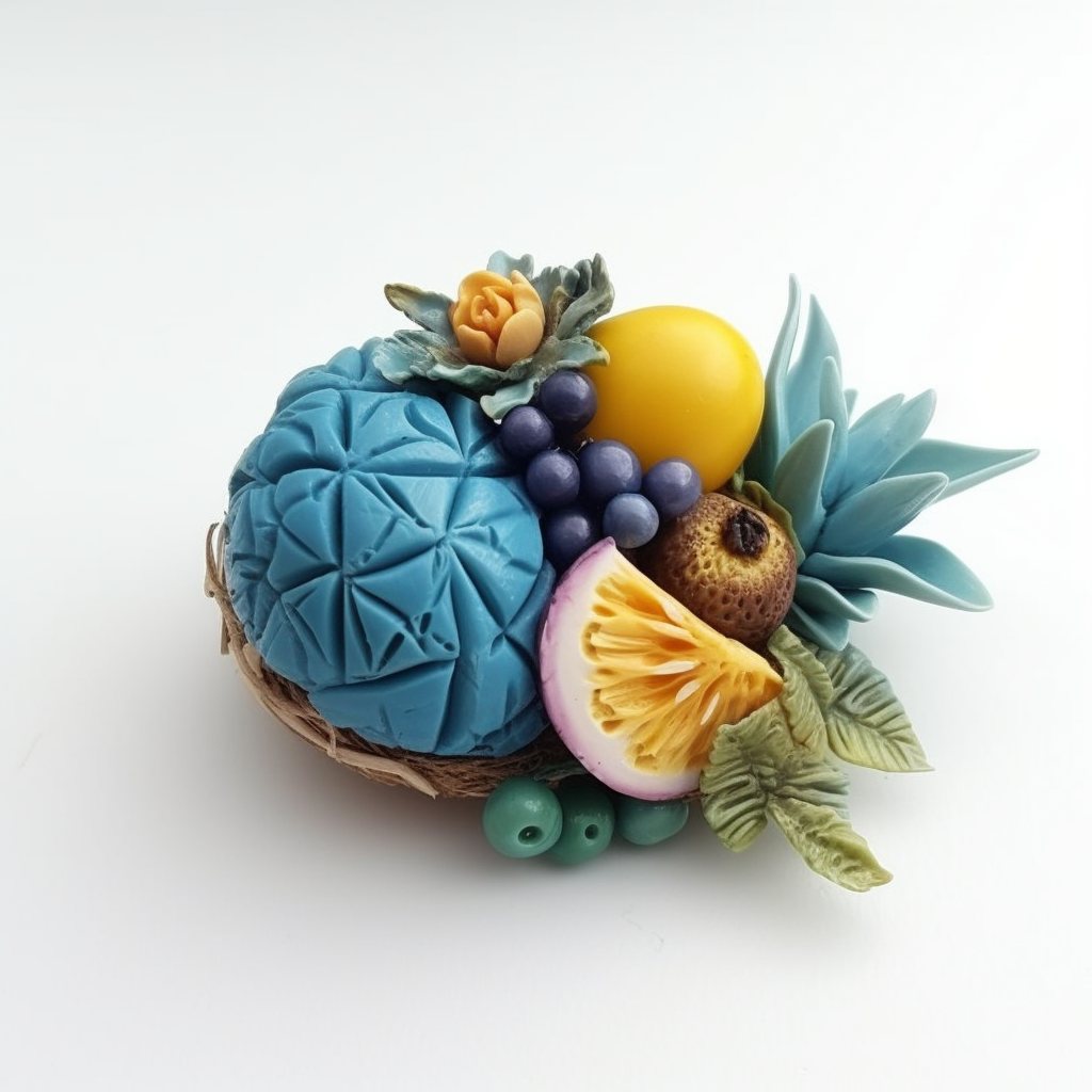 Blue tropical fruit polymer clay on white background