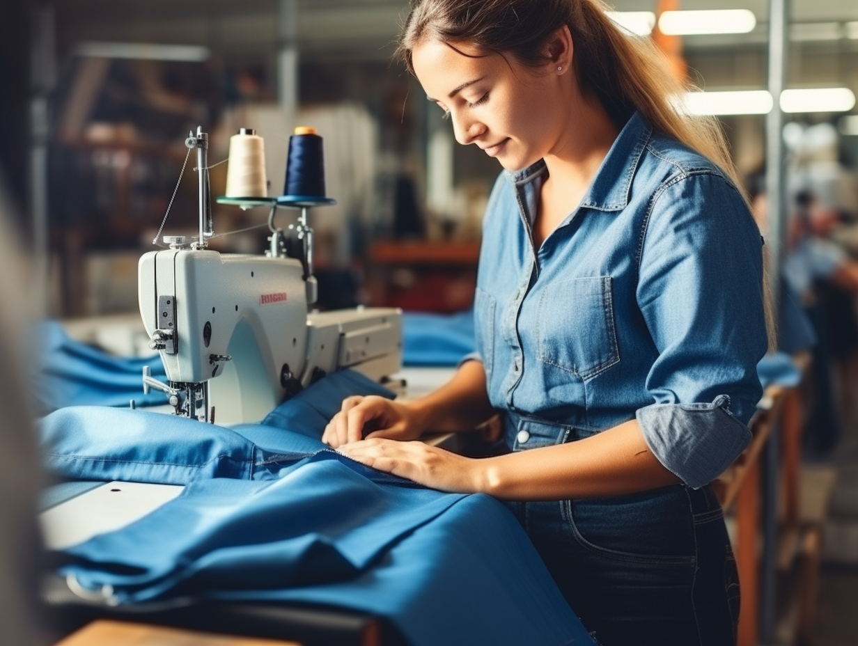 Professional sewing machine operator assembling blue trousers