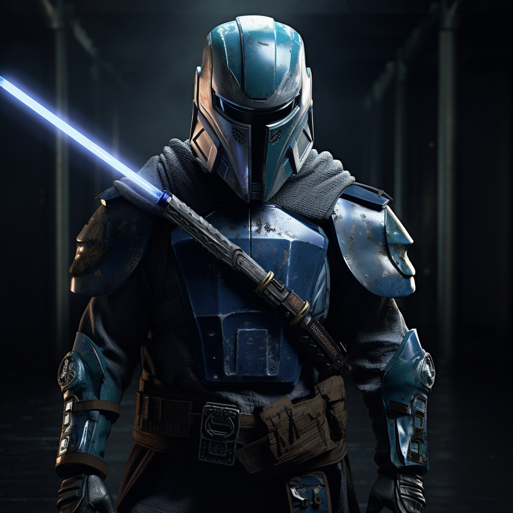 Cinematic blue vigilante with katanas