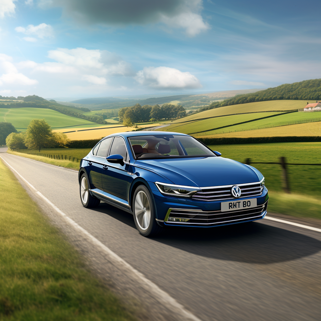 Blue Volkswagen Passat 2018 driving on UK countryside road