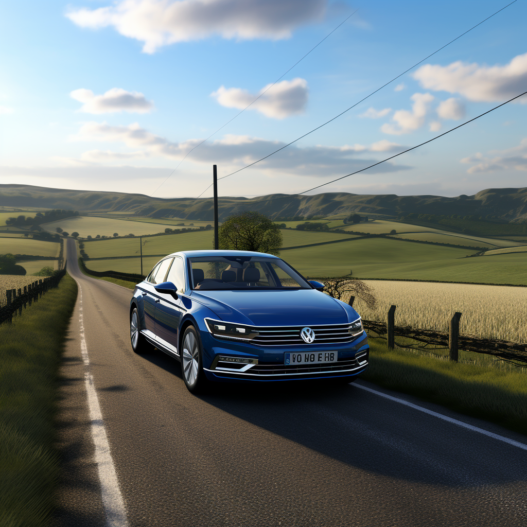 Blue Volkswagen Passat driving through scenic countryside