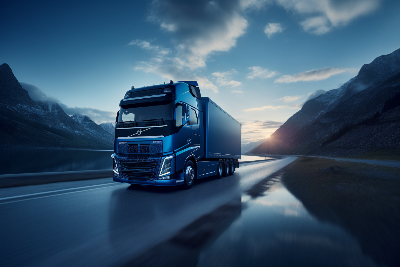 Cinematic blue Volvo transport truck on a sunset road