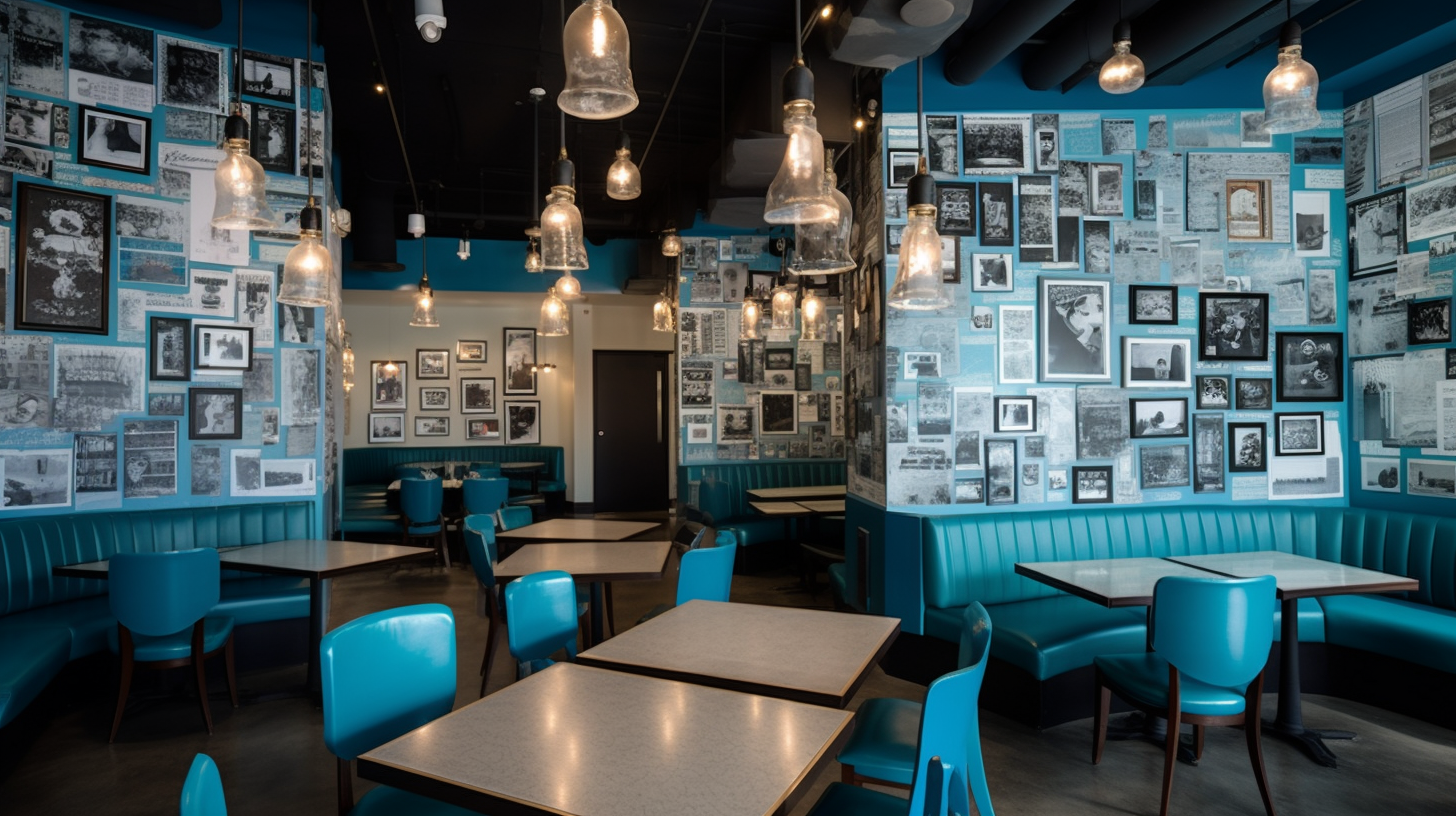 LinkedIn-style restaurant with blue walls and documents