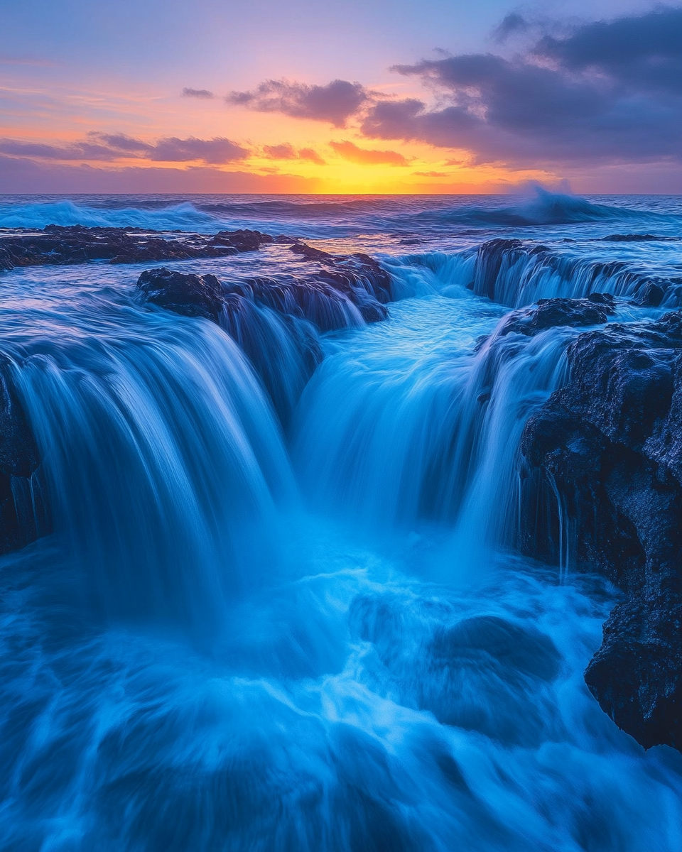 Blue Waterfall in Ocean at Sunset