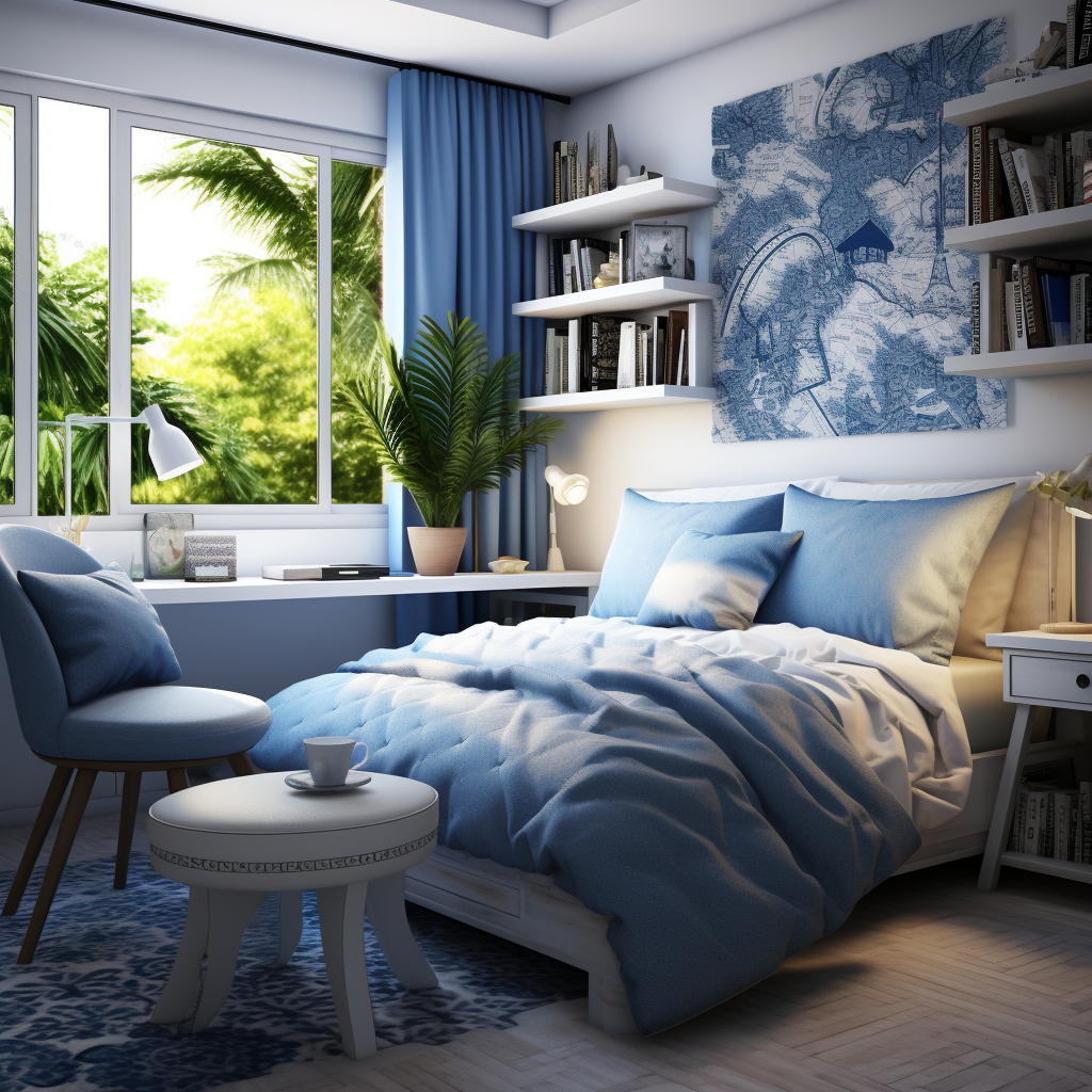 Blue White Bedroom with Chair and Study Table