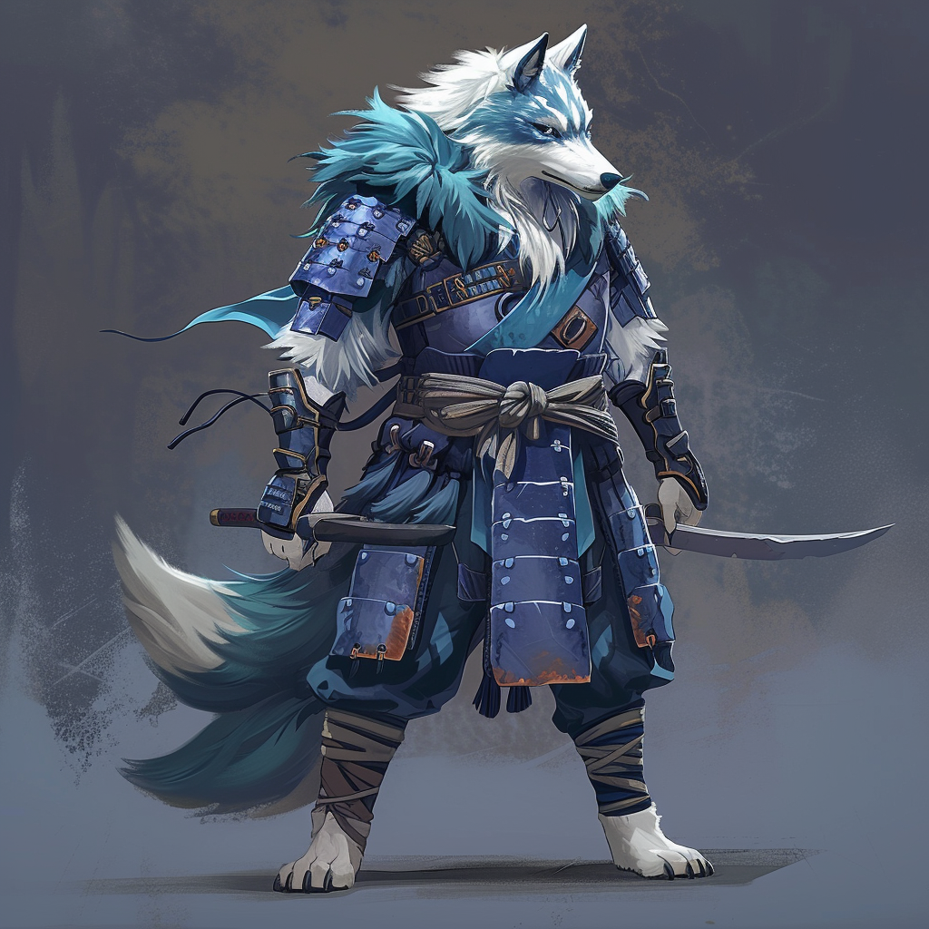 Blue and white furry wolf in samurai armor