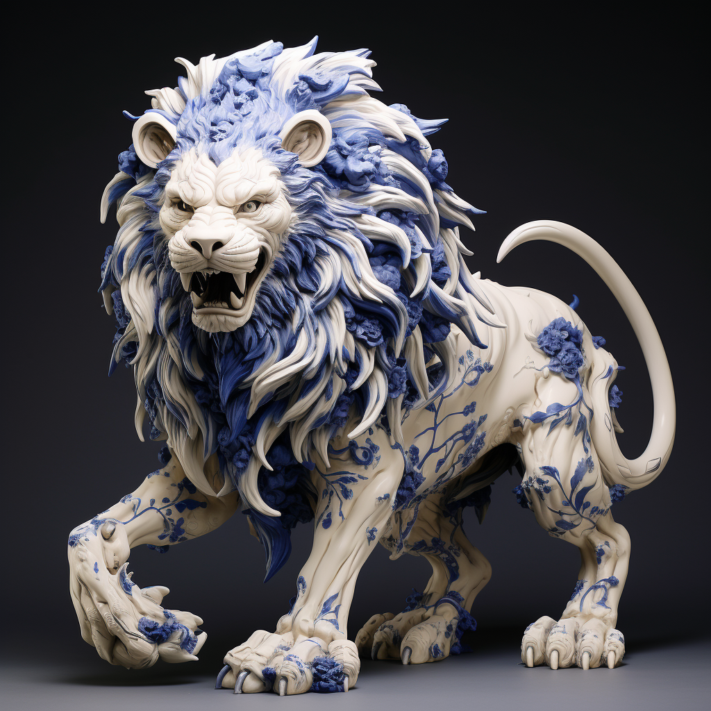 Blue and white lion amidst fire and wreckage