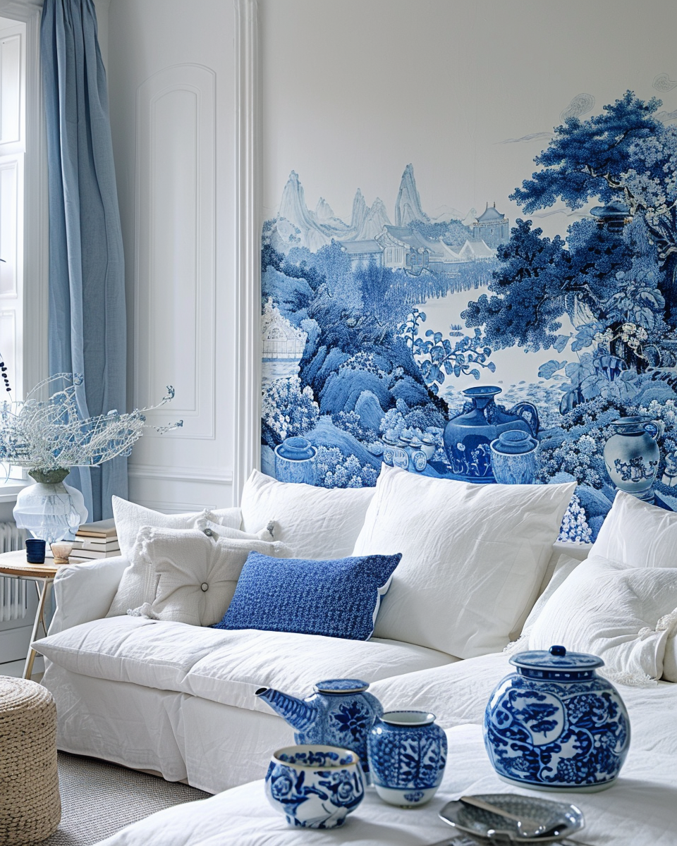 Living room with blue white murals