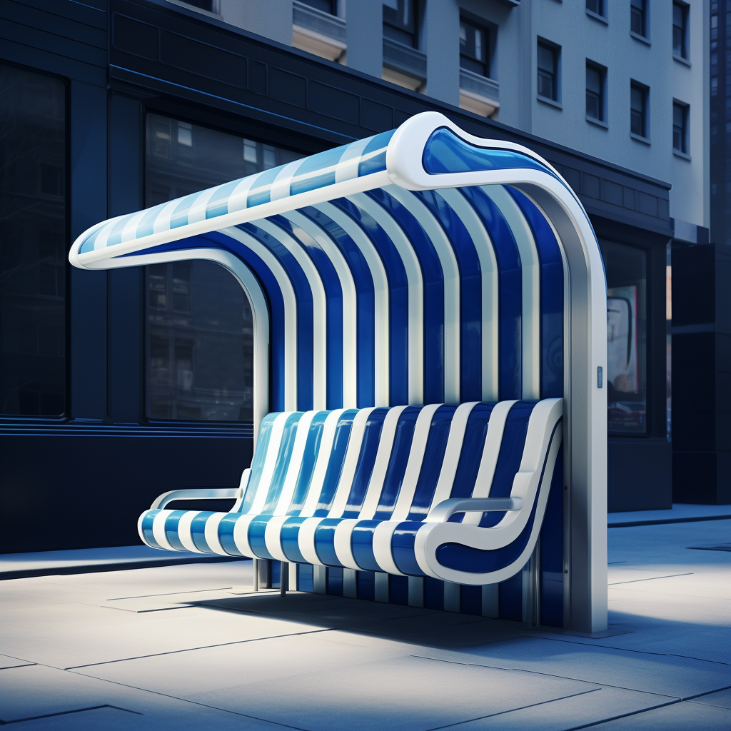 Stylish bus shelter with blue and white striped umbrella roof